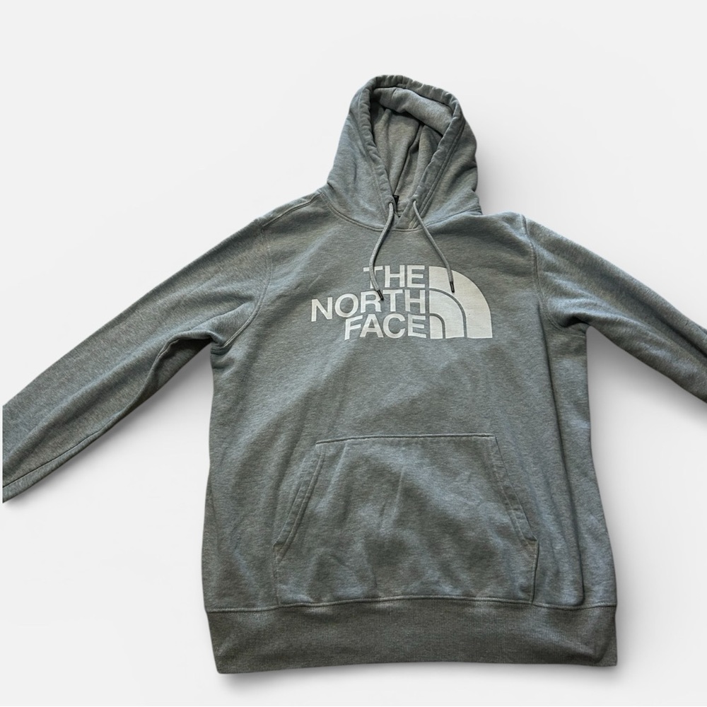 Mens The North Face Fleece Hoodie Size Large Gray Spellout Logo Sweatshirt
